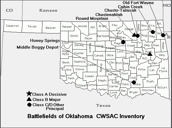 Map of Oklahoma highlighting battlefields from the Civil War.