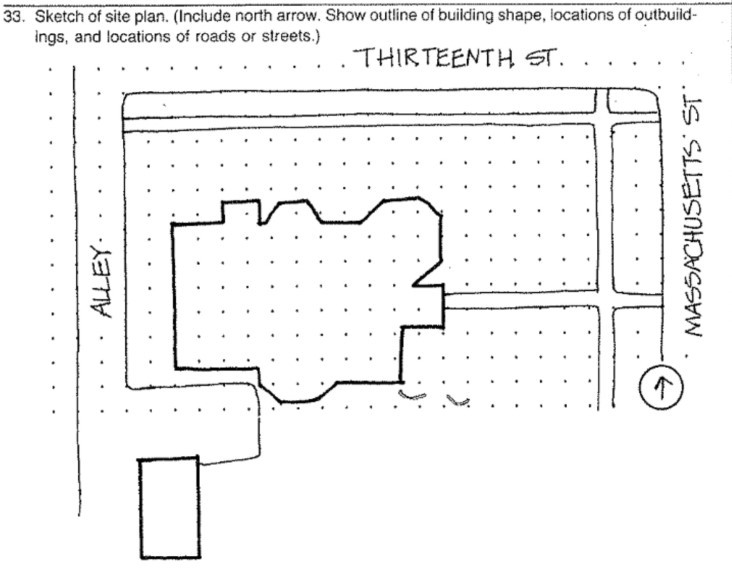 Plan sketch of The Castle property from 1987 KHRI form by Gray, Heart of Oread Survey