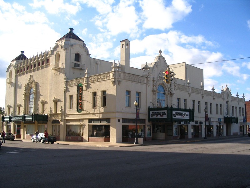 The exterior of the Coleman Theater as viewed from the southeast on North Main St.