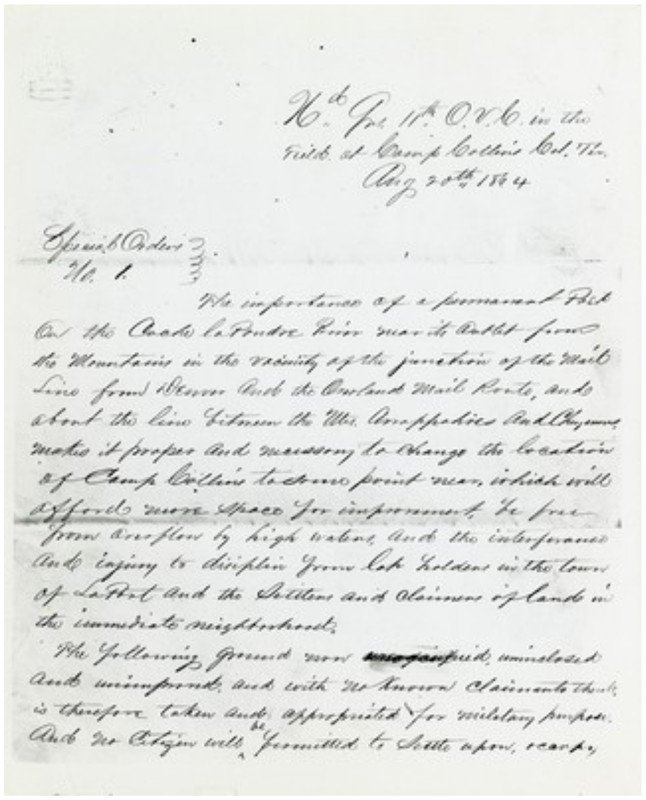 Special Order Number 1, officially designating Fort Collins as a military reservation, August 20, 1864