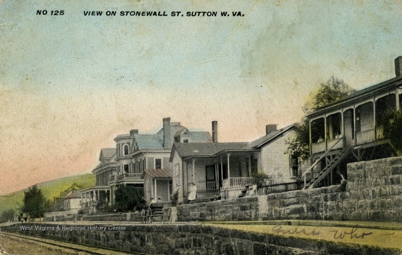 Photo postcard of Stonewall Street in Sutton, ca. 1910. The Haymond house can be seen at center left.