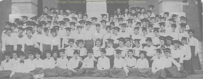 The first students of the Girls Industrial College wearing the required school uniforms on the steps of Old Main, 1903. The first year, only third-year or fourth-year high school students comprised the student body. (Courtesy TWU Woman's Collection)