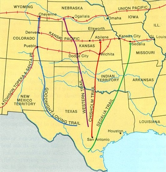 These are the different Cattle Trails in the midwest during the time. The Chisholm, Sedalia, Western, and Goodnight-Loving Trails all originated in Texas. The Rail Roads would transport the cattle north where they would be made into prime beef.