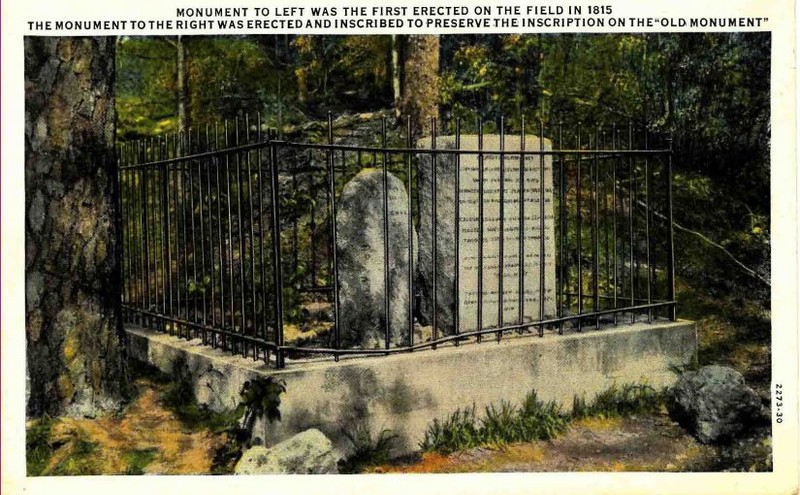 The smaller marker first memorialized the battleground here in 1815, only 35 years after the battle. Postcard from the 1920s that shows the two monuments behind an iron fence to protect them from vandals