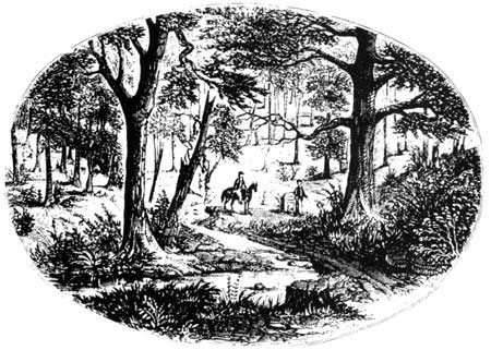The Kings Mountain Battleground, showing the north slope of the ridge, on the left, and the original Chronicle marker in the background. Sketched by Benson J. Lossing during his visit to the area on January 8, 1849.