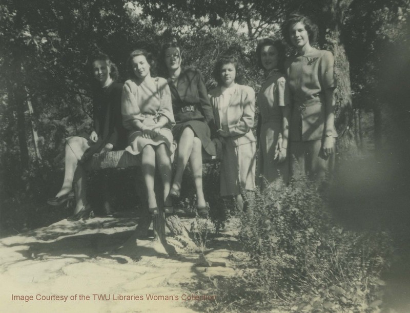 A student group in the Botanical Gardens. The Gardens have always been a popular spot with students. (Photo: 1946-1947, Courtesy of the TWU Woman's Collection)