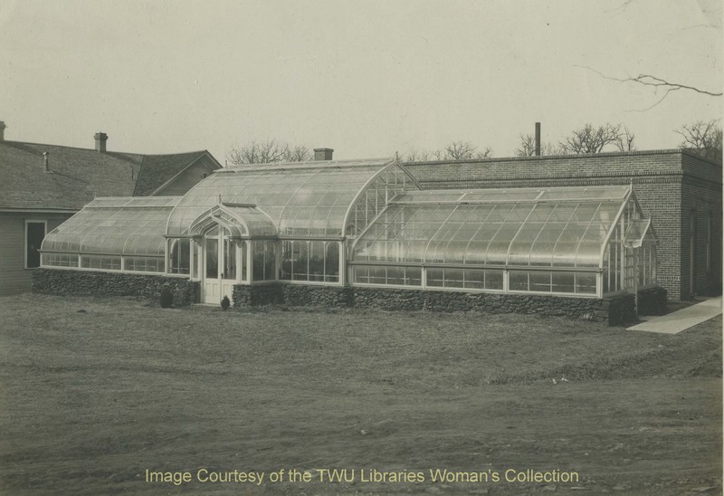View of the Greenhouse with the Rural Arts Building behind it. (Photo: 1930s, Courtesy of the TWU Woman's Collection)