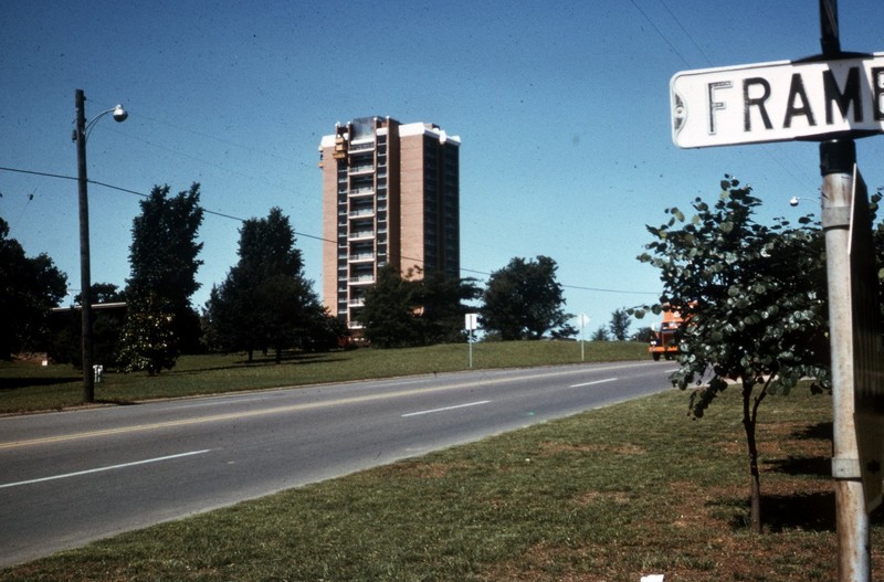 View of Stark Hall from Frame Street, 1967. Courtesy of University of North Texas Libraries and Denton Public Library. 