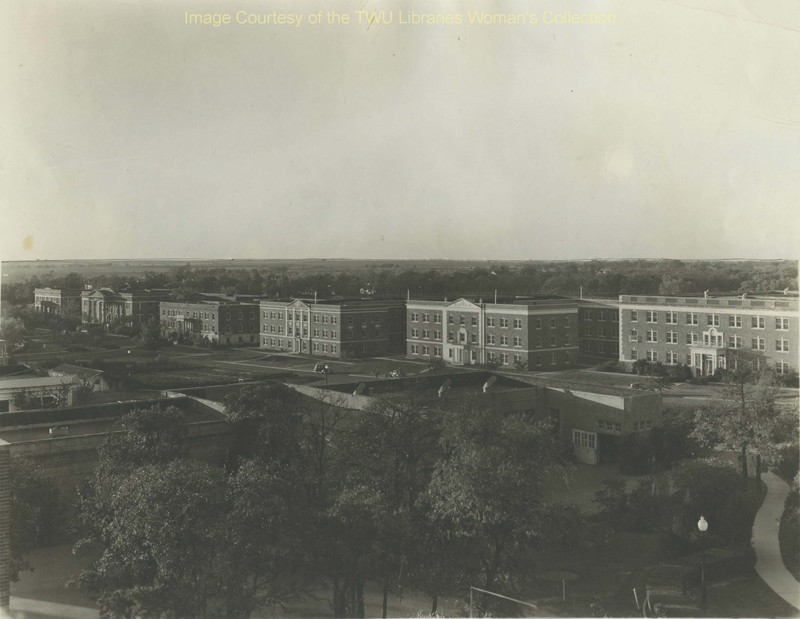 Dormitory Row, the complex of residence halls built along Oakland Avenue that were demolished to make room for the new Blagg-Huey Library. (Photo: Courtesy TWU Woman's Collection)