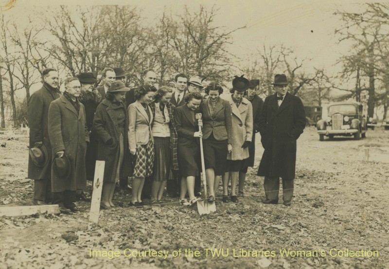 Breaking ground for the Little Chapel in January of 1939, Dr. Louis Hubbard and Professor Dorothy LaSelle on the far right. (Courtesy of TWU Woman's Collection)