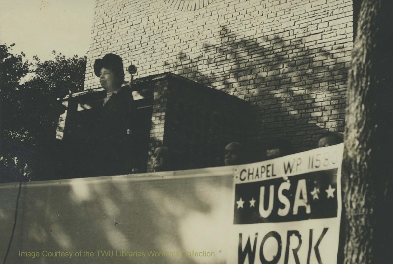 First Lady Eleanor Roosevelt at the dedication of the Little-Chapel-In-The-Woods, November 1, 1939 before the Chapel's actual completion. (Courtesy of TWU Woman's Collection)