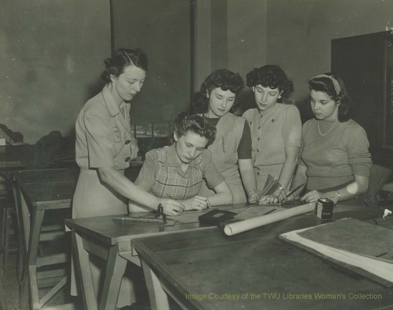 Students working on design plans for the Chapel under the supervision of Dorothy Laselle circa 1938. These students and over three hundred others were responsible for the artistic design and decoration of the Chapel. (TWU Woman's Collection)