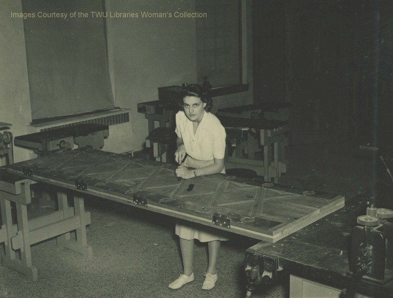 Student Carmetta Drummond hand-carving one of the Little Chapel's doors. (Courtesy of TWU Woman's Collection)