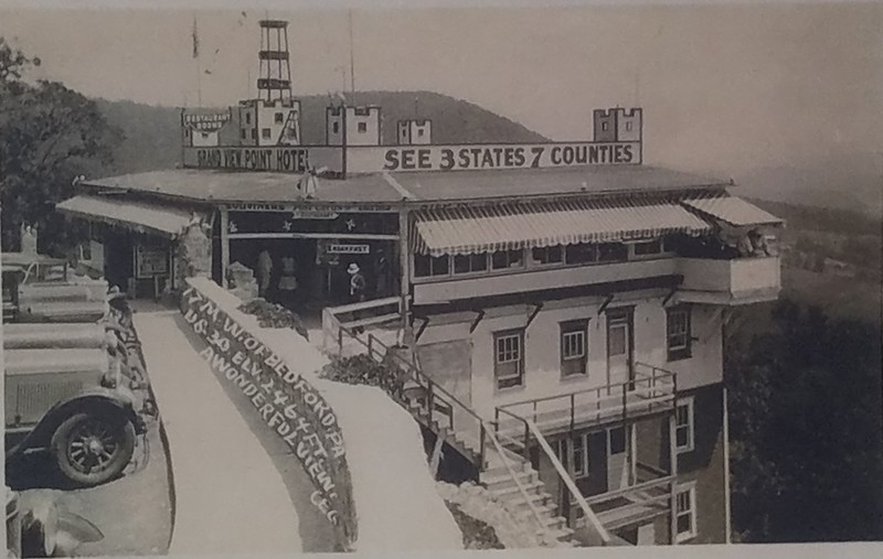 Photo of a postcard of the hotel before the ship was built. The castle like architecture and foundation are shown well here. Photo courtesy of the Lincoln Highway Heritage Corridor.  