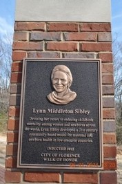 The Lynn Middleton Sibley historical marker can be found in Florence, Alabama, the same city in which Sibley grew up. It is a part of the Florence Walk of Honor, which is a row of historical markers honorin