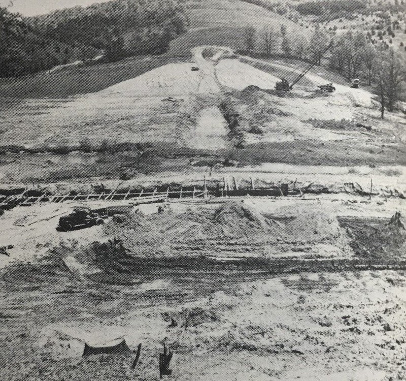 The Building of the dam, May 12, 1949, that created what is now known as Shawnee Lake  (Lincoln Highway Heritage Corridor Archives).