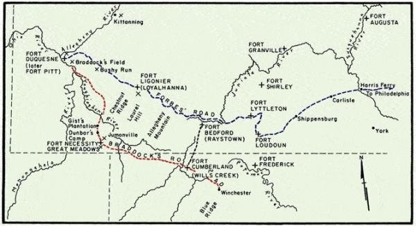 This is a map from the revolutionary war era.  It gives a sense of the layout during that time period.  The tavern is located at the junction of the Forbes and Burd Roads.  Courtesy of explorepahistory.com