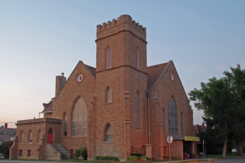 First Presbyterian Church was built in 1912 by Croatian stonemasons using sandstone from a nearby quarry..