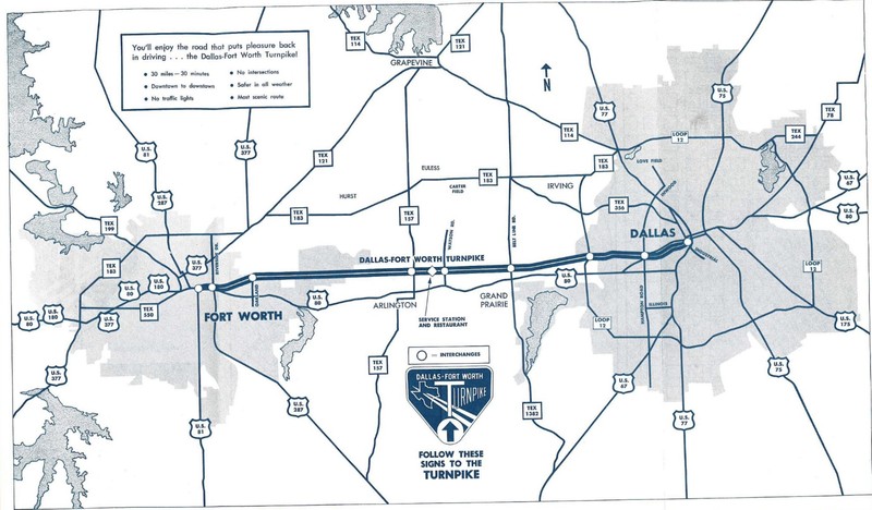 This map includes the DFW Turnpike as well as shows other highway systems and how they all connect. 