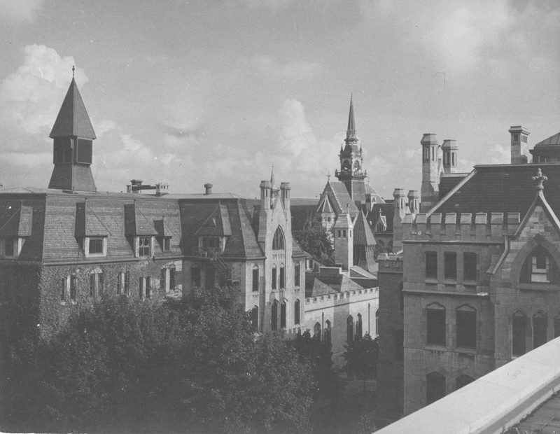 Rooftop view photo of Good Friends Building and Lafayette Hall in 1890.