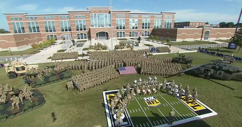 An aerial view of the NFL on FOX crew commemorating Fort Benning, Georgia on Veteran's Day 2018. 