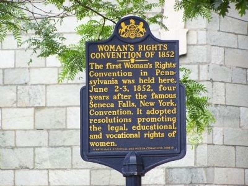 The Woman’s Rights Convention of 1852 marker is located outside the Chester County Historical Society.