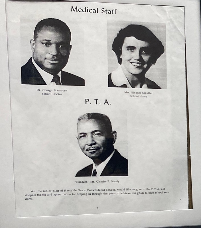 Pictured is the Havre de Grace Consolidated school medical staff, and president of the P.T.A. Pictured on the top right is George Stansbury, an alum of the Havre de Grace colored school, who returned to help his community.