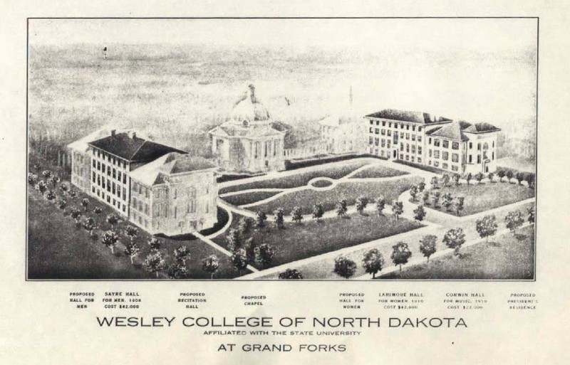 1909 artist sketch of what Wesley College was planned to look. The buildings drawn in a shadowy white were buildings proposed to be built. Photo courtesy of Elwyn B. Robinson Department of Special Collections UAP