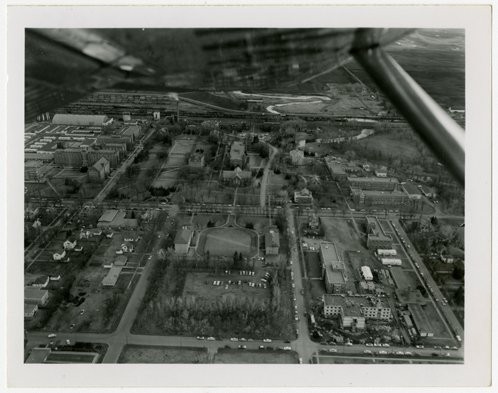 Aerial photograph picturing the campus of the University of North Dakota. Photo courtesy of Elwyn B. Robinson Department of Special Collections. UAP