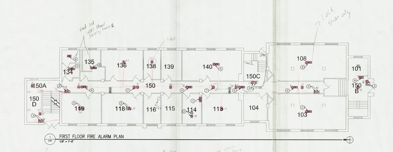 Fire alarm plans of Corwin-Larimore first floor. 