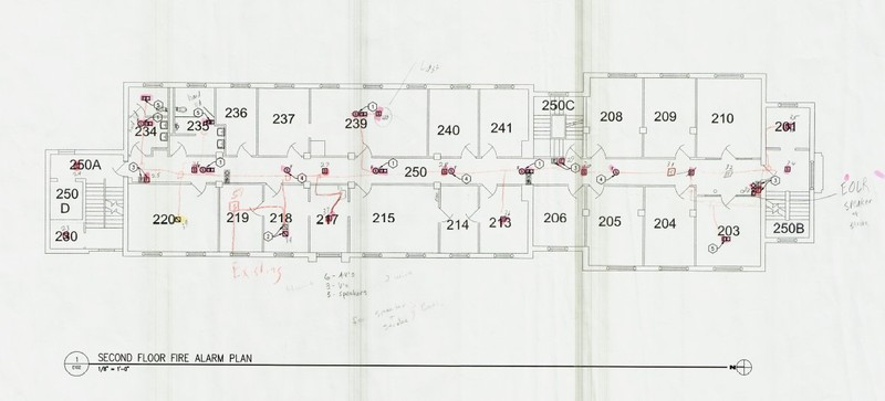 Fire alarm plans of Corwin-Larimore second floor. 