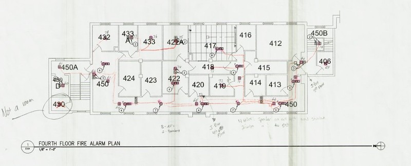 Fire alarm plans of Corwin-Larimore fourth floor which housed the Psychology department's research spaces.  