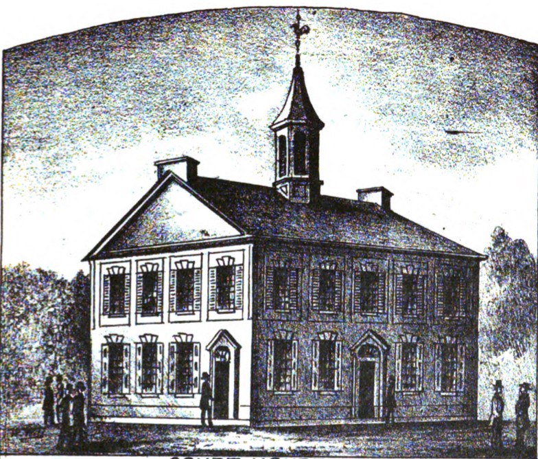 Illustration of first Franklin County Courthouse, in use from 1794 to 1842, from the frontispiece of McCauley's "Historical Sketch of Franklin County, Pennsylvania."