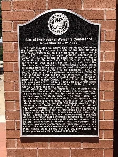 The marker is affixed to a pillar near the entrance to the Hobby Center for the Performing Arts.