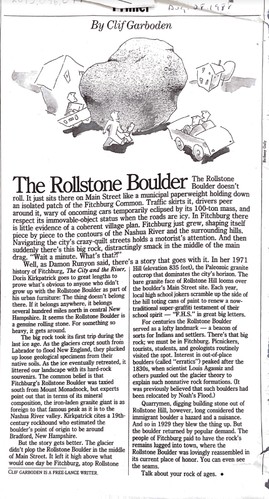 Black and white printed newspaper article with a cartoon drawing of the Rollstone Boulder at the top of the page.  