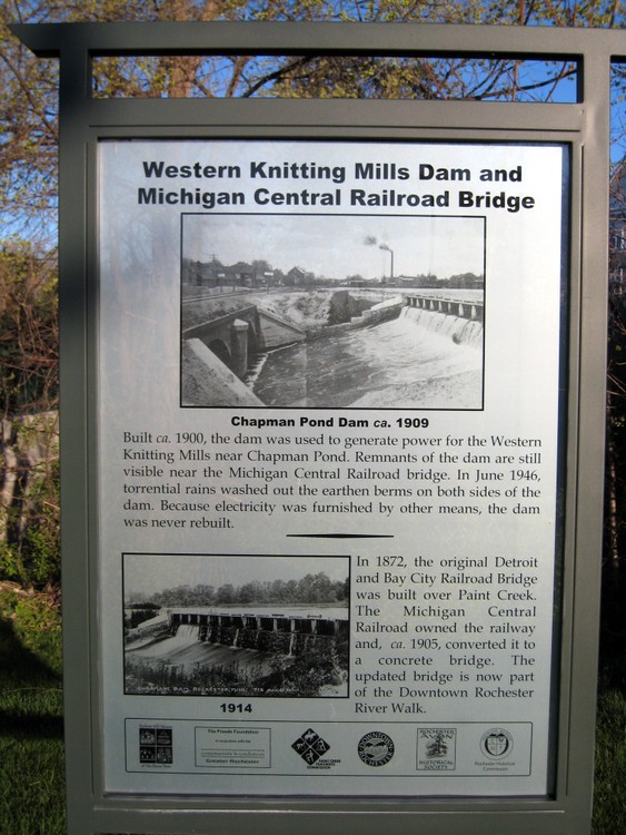 Western Knitting Mills Dam and Michigan Central Railroad Bridge historical marker, 2012