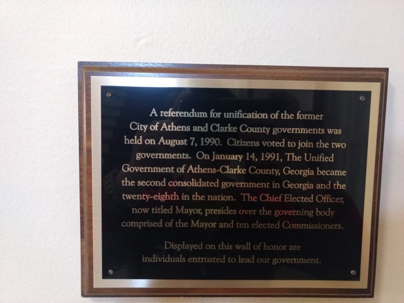 This plaque commemorates the unification of the city of Athens and Clarke County