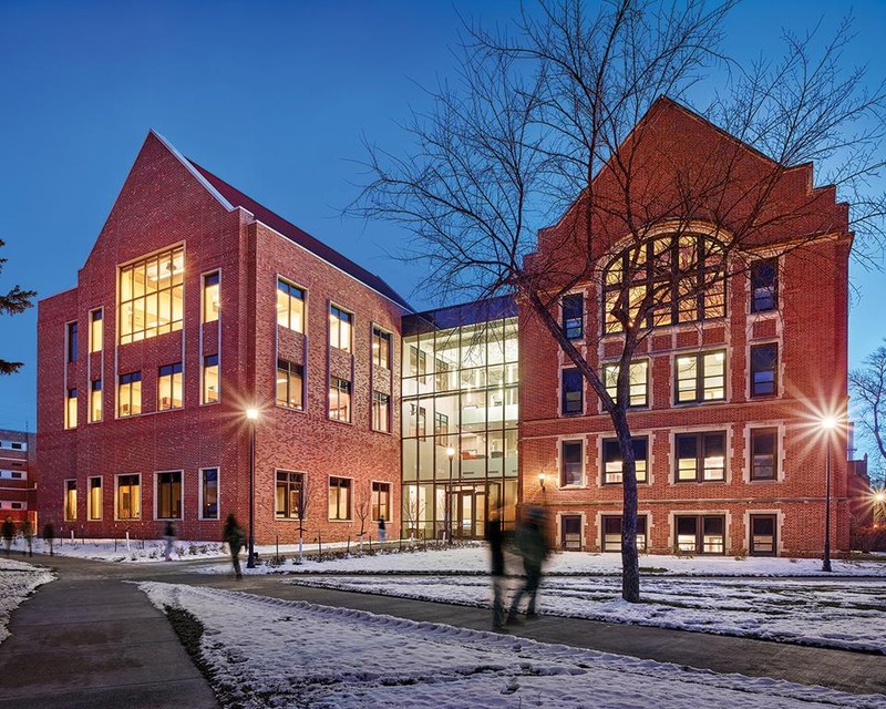 This is a view of the University of North Dakota School of Law from the intersection of University Avenue and Centennial Drive.