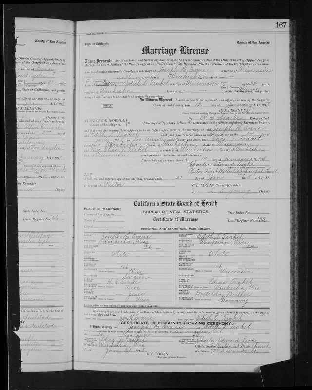 Marriage License for Joseph Evans & Edith Trakel, 1918 in Los Angeles California