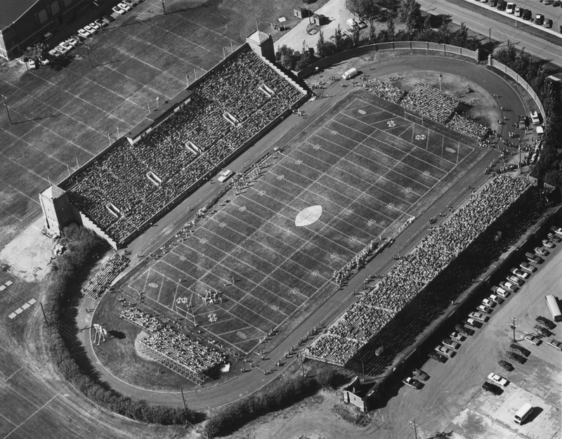 Aerial view of the Memorial Stadium during its first home game dated October 8th, 1927.