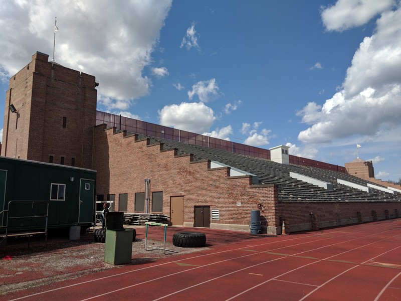 The grandstands of the Memorial Stadium taken from the south end of the field.