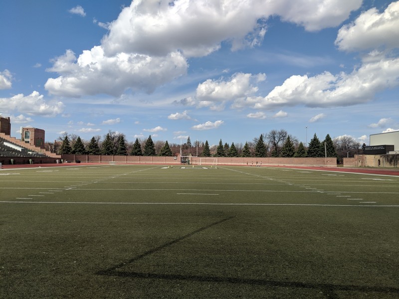 Ground level view of the turf from the south end of the field.