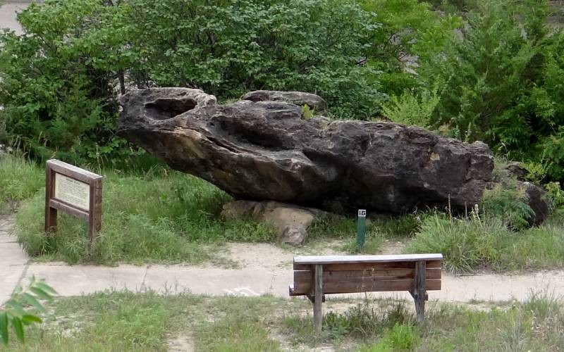 The Indian Rock which served as the landmark for the 1857 Native American battle over hunting ground between the eastern tribes (Delaware and Pottawatomie) and western tribes (Cheyenne, Sioux, and Arapahoe) of Kansas.