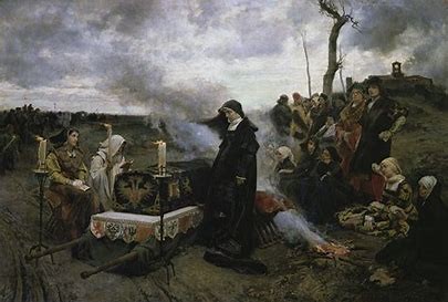 A famous painting by Francisco Pradilla of Juana la Loca at her husband's funeral. Notice that the painter made Juana the only one who is mourning his loss.