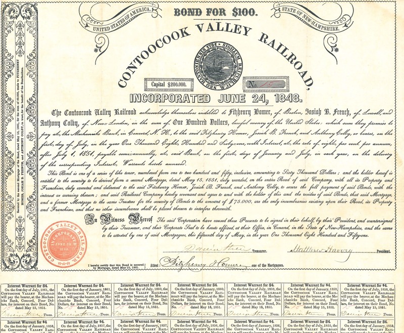 Image of the Contoocook Valley Railroad bond, which offered investors $4 for every $100 bond purchase.  