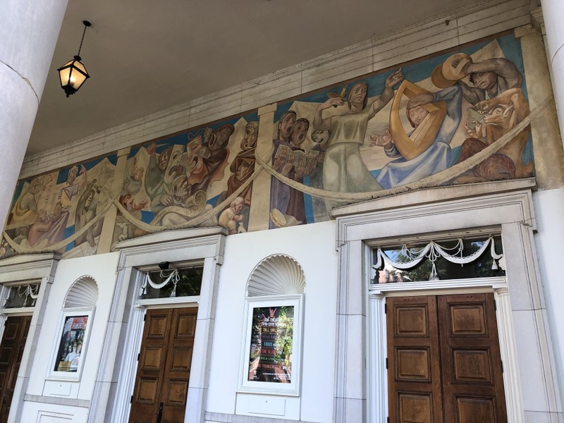 Grand mural adorning the building's main entrance (looking westward).