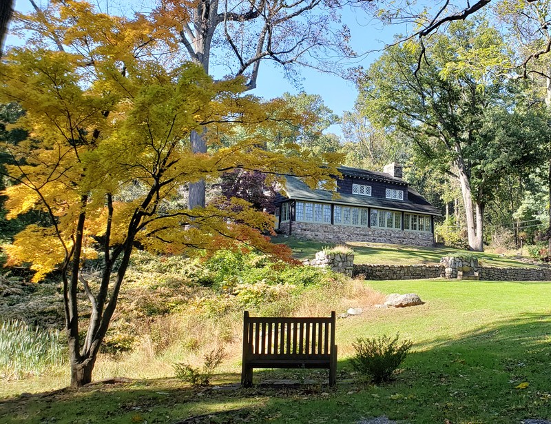 An exterior view of the Log House at Craftsman Farms. The photo is taken from a lower vantage point and the Log House appears at the top of a hill. A wooden bench is in the foreground, and autumn trees with