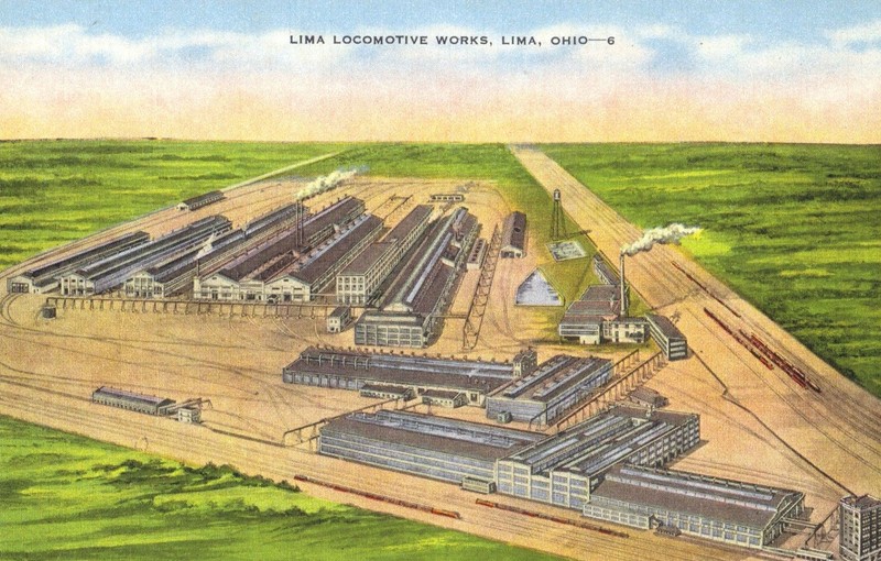A postcard of the Lima Locomotive Works. The building seen at the bottom right corner of the card was located approximately at the site of the map pin for this entry.