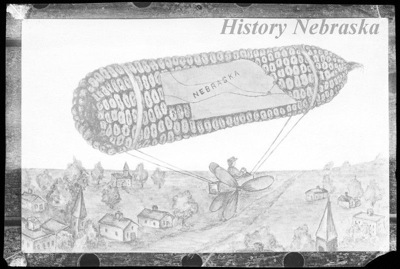 Drawing fashioning an ear of corn as a dirigible