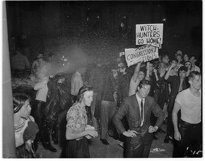 Soaked students protesting HUAC's presence in City Hall on May 13, 1960